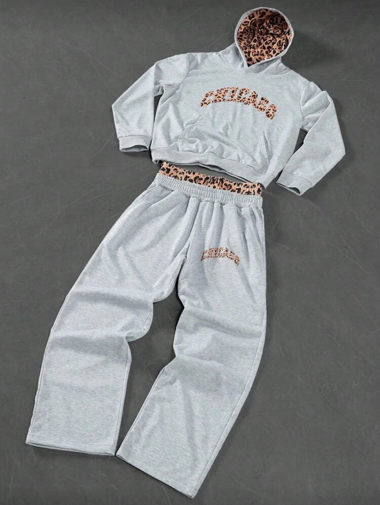 Men's Letter & Leopard Print Long Sleeve Hoodie And Sweatpants