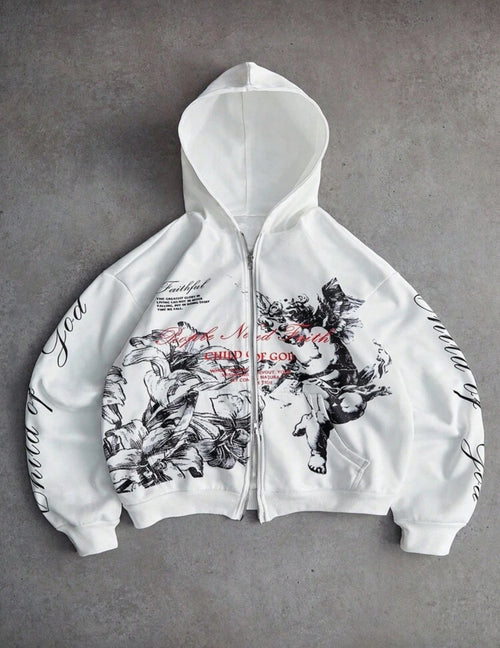 graphic print zip up hoodie